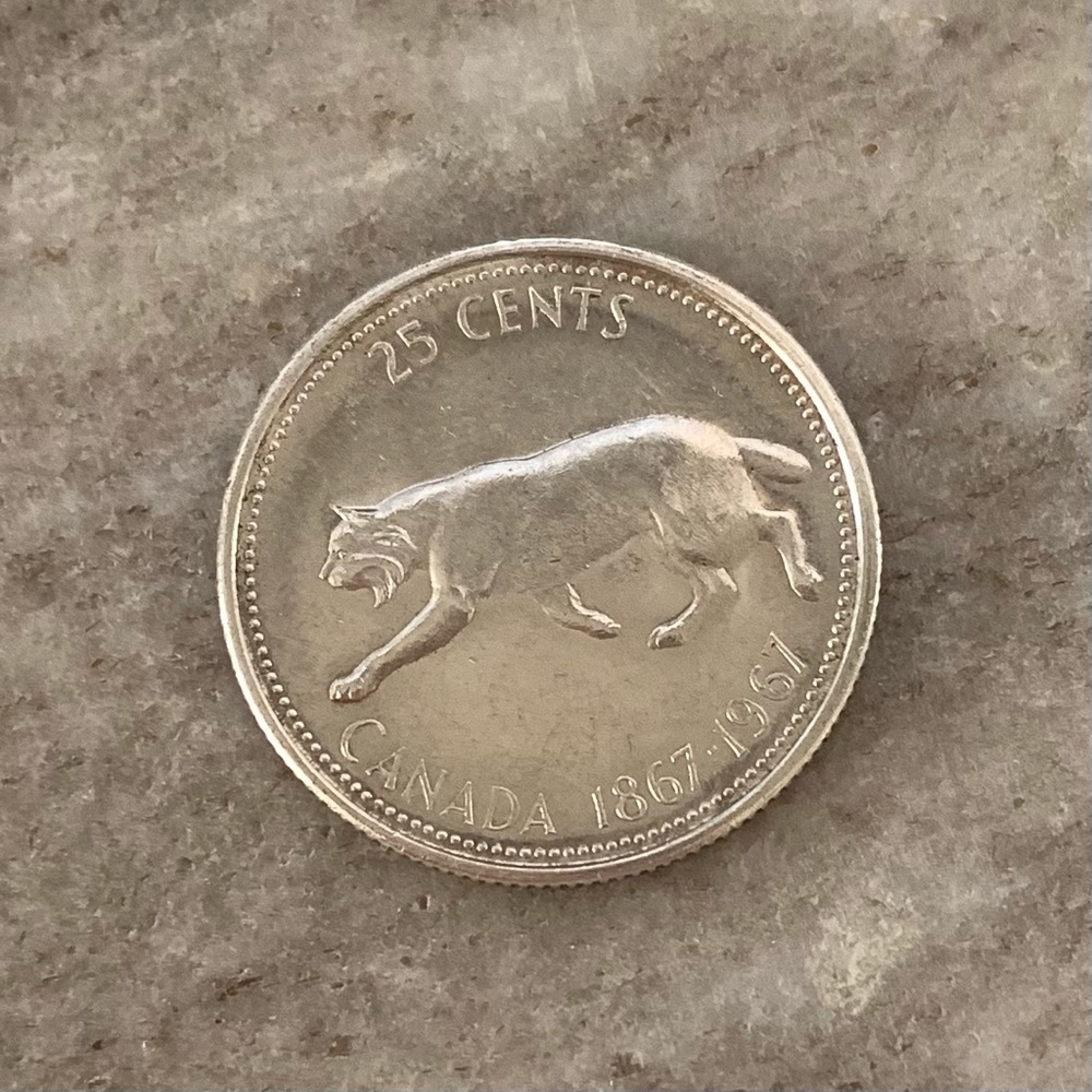 1967 (1867-) Canadian 25-Cent Bobcat Confederation Centennial Slvr Quarter Coin